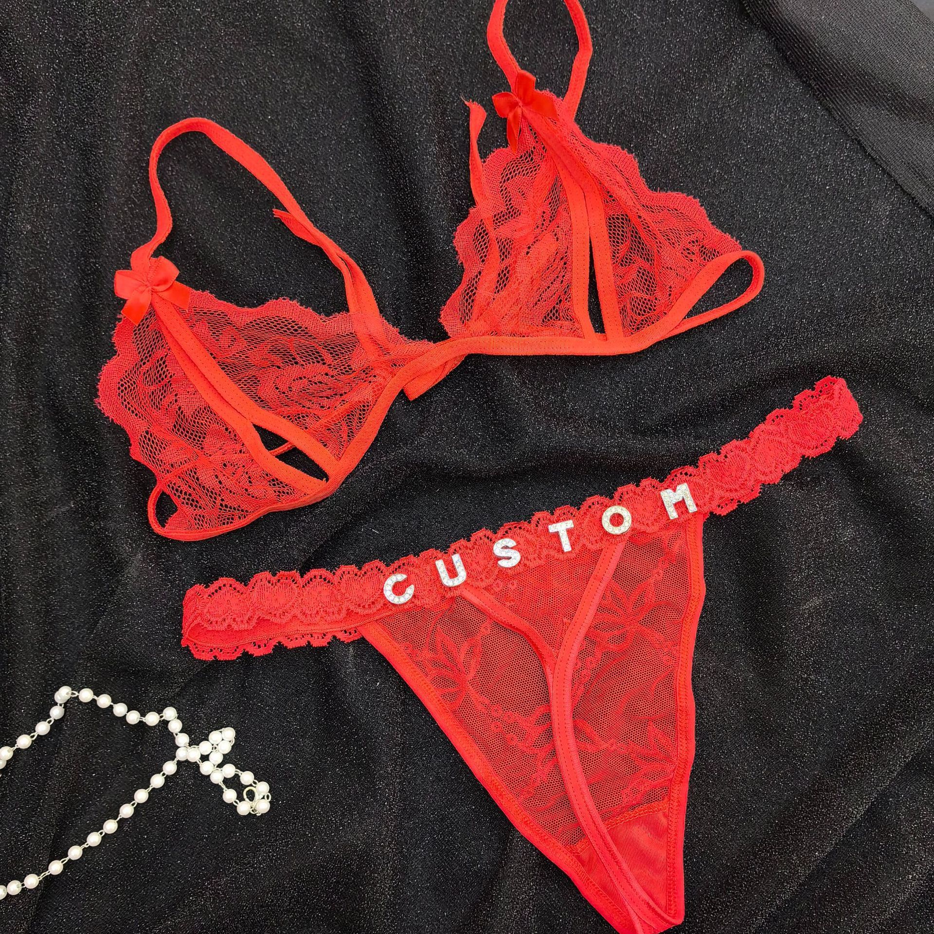 Custom Lingerie Set for Women – Personalized Thong & Bra Set with Rhinestone Jewelry Gift
