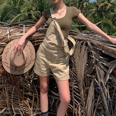 Khaki Denim Strap Shorts Women&#039;s Online Celebrity Ins Style Casual Tooling Jumpsuit Curl Wide Leg A-line Hot Pants