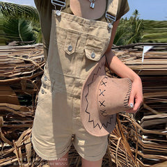 Khaki Denim Strap Shorts Women&#039;s Online Celebrity Ins Style Casual Tooling Jumpsuit Curl Wide Leg A-line Hot Pants