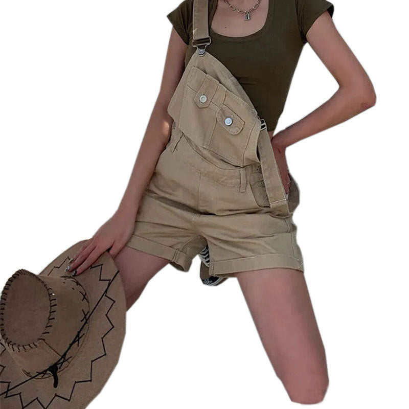 Khaki Denim Strap Shorts Women&#039;s Online Celebrity Ins Style Casual Tooling Jumpsuit Curl Wide Leg A-line Hot Pants