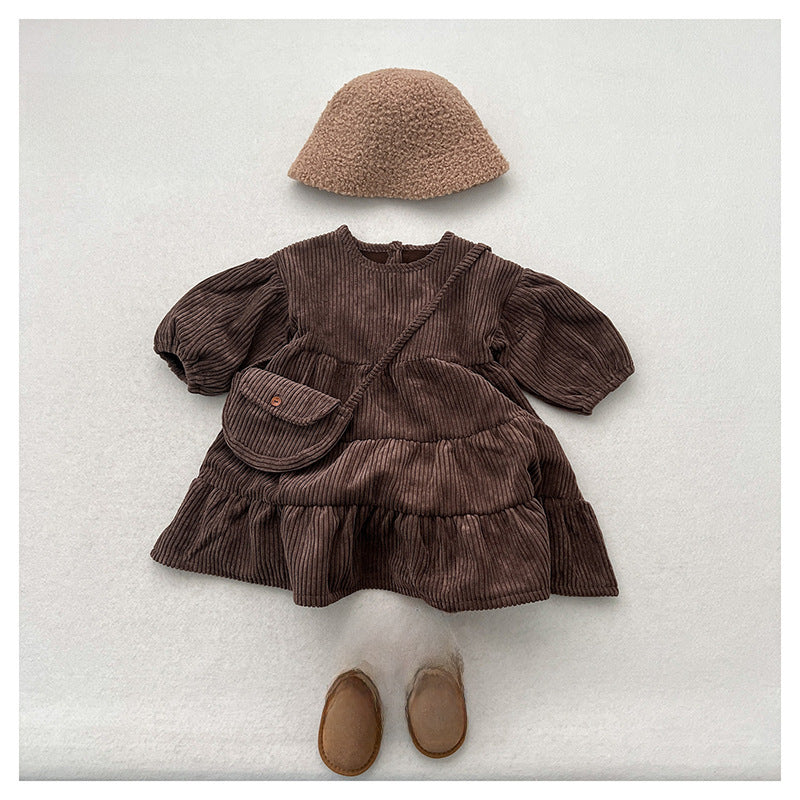 Children&#039;s Fleece-lined Skirt Autumn And Winter Baby Western Princess Dress Girls Winter Corduroy Dress