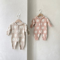 Baby Autumn And Winter Sweater Jumpsuit For Boys And Girls Baby Flower Zipper Hooded Long Sleeve Long Climbing Bag Fart Clothes Knitted Sweater