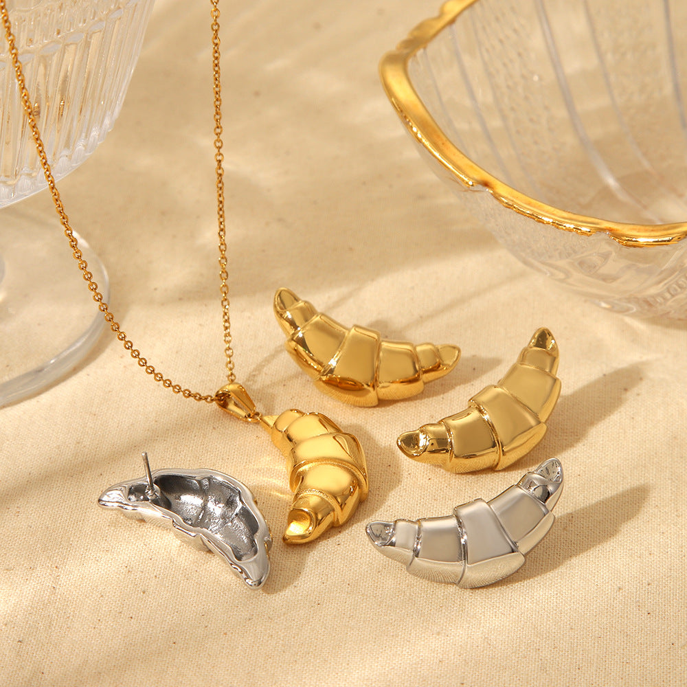 Stainless Steel Necklace High Sense 18K &amp; 16K Gold Does Not Fade Earrings Croissant Necklace Earrings