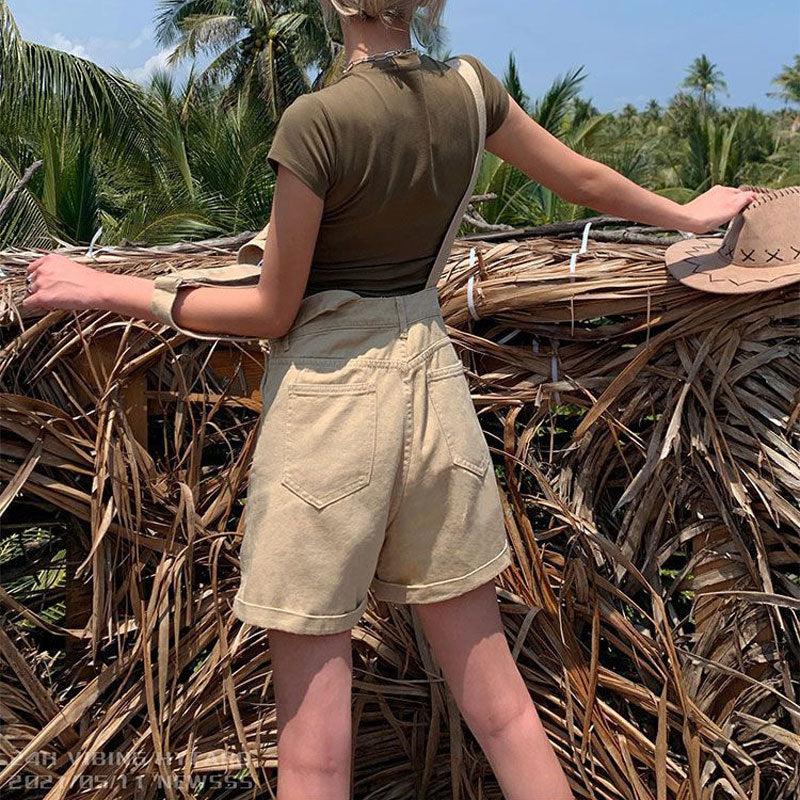 Khaki Denim Strap Shorts Women&#039;s Online Celebrity Ins Style Casual Tooling Jumpsuit Curl Wide Leg A-line Hot Pants