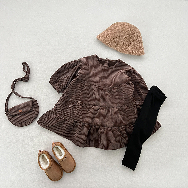 Children&#039;s Fleece-lined Skirt Autumn And Winter Baby Western Princess Dress Girls Winter Corduroy Dress