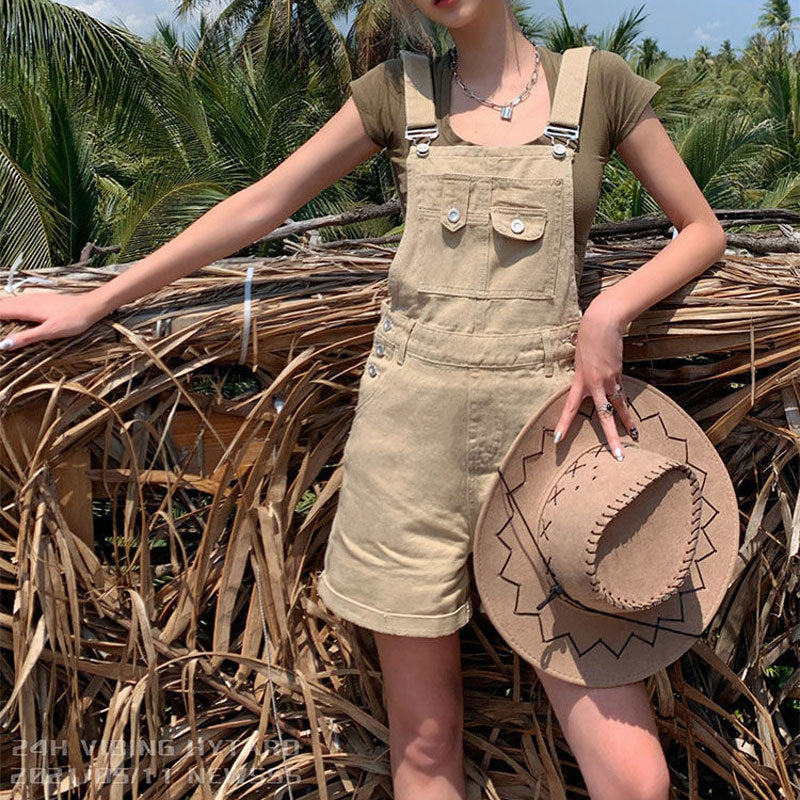 Khaki Denim Strap Shorts Women&#039;s Online Celebrity Ins Style Casual Tooling Jumpsuit Curl Wide Leg A-line Hot Pants